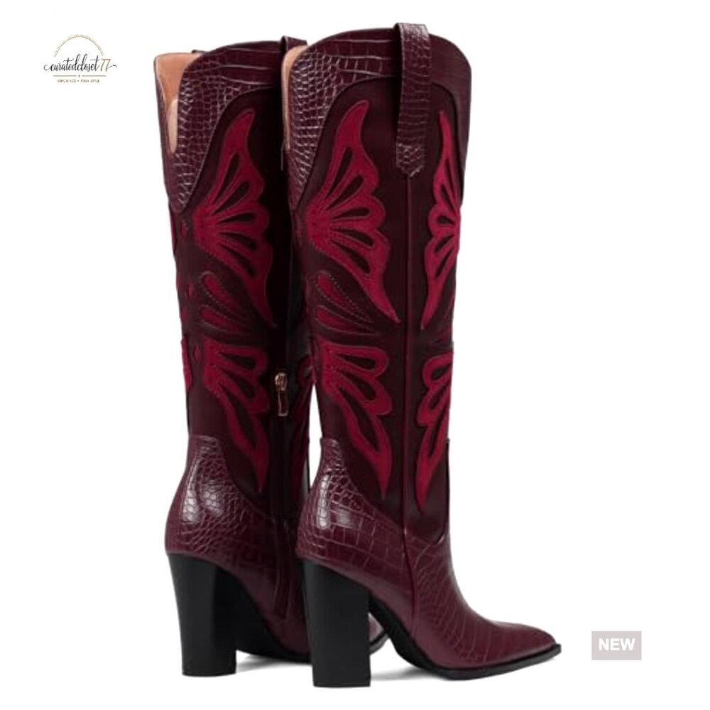 Knee High Cowboy Boots Pointed Toe Chunky Heel Wide Calf Western Boots - Picture 7 of 7